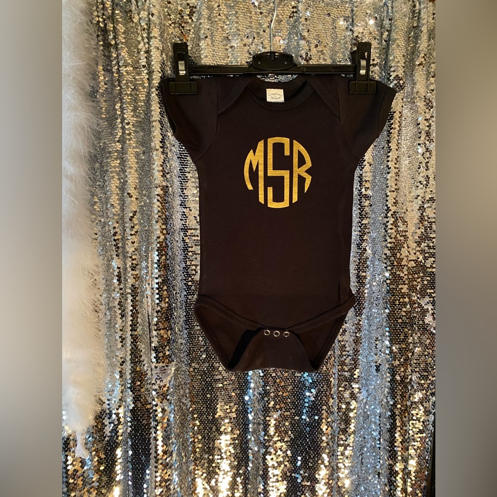 New black monogram baby girl onesie